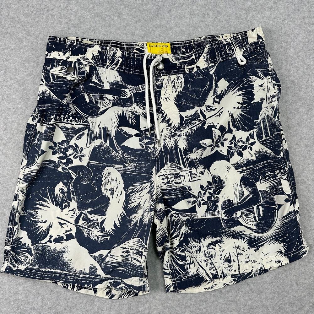 Lands' End Hoffman California Swim Trunks L Blue White Hula Hawaiian Mesh Lined